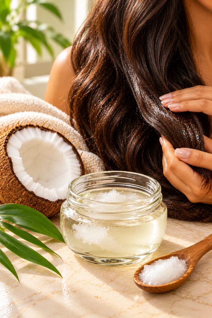 Coconut oil pre-wash treatment for dry, frizzy hair featuring pure coconut oil in a glass bowl, fresh coconut pieces, and smooth dark hair lengths.
