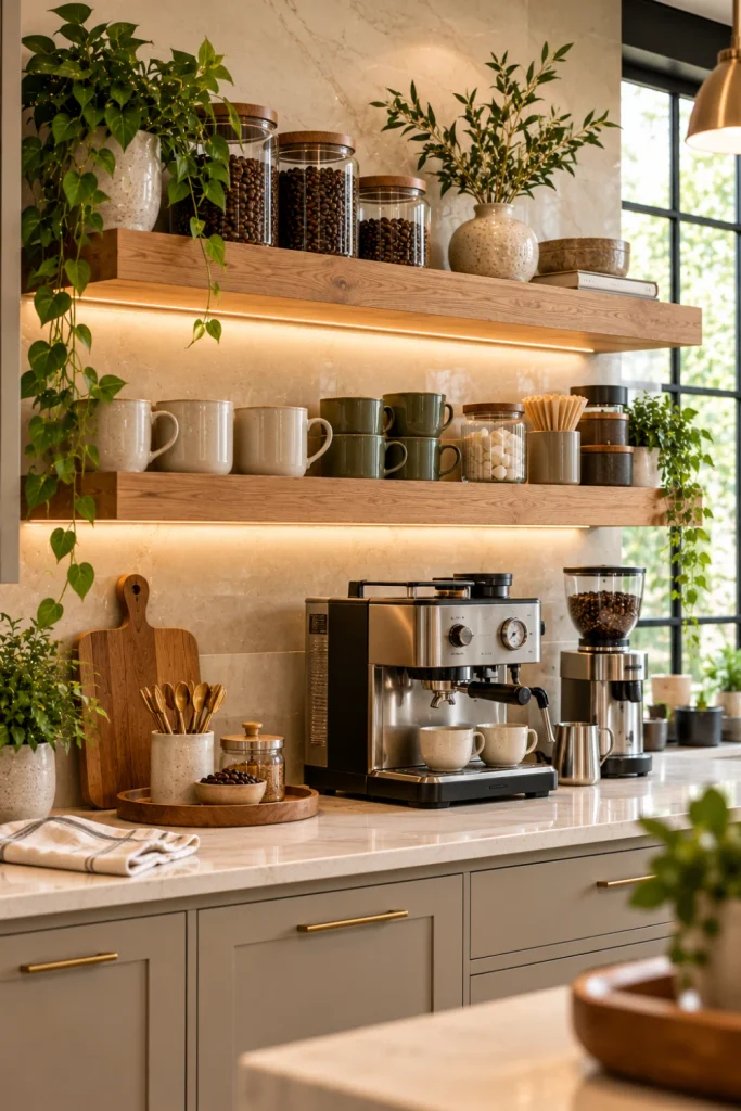 Coffee bar floating shelf ideas with warm oak shelves, espresso machine, stylish coffee mugs, glass coffee bean jars, and modern kitchen coffee station decor.