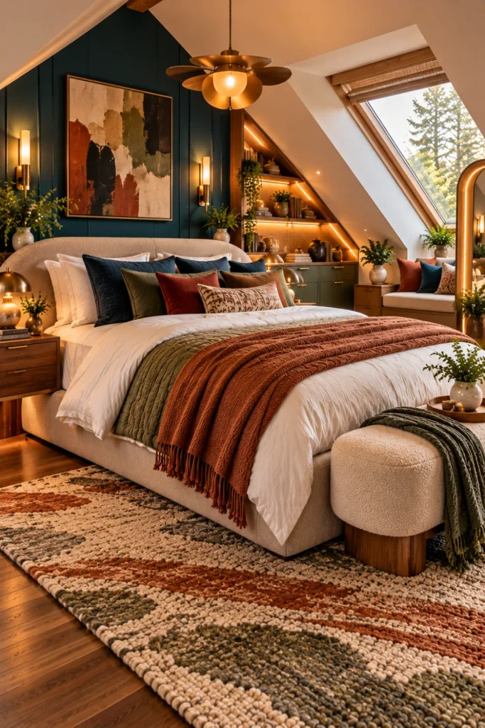Colorful modern attic bedroom with a deep blue statement wall, earthy green and terracotta accents, neutral layered bedding, walnut furniture, and integrated lighting.