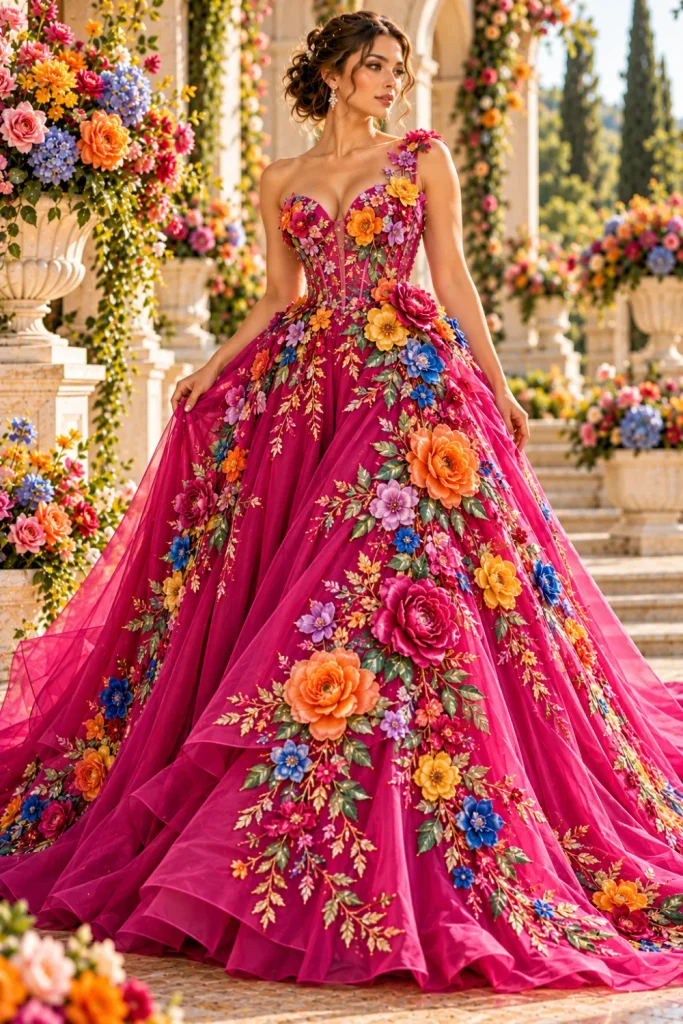 Colorful floral embroidered statement gown with a vibrant magenta base, multicolored three-dimensional flowers, and a dramatic flowing formal skirt.