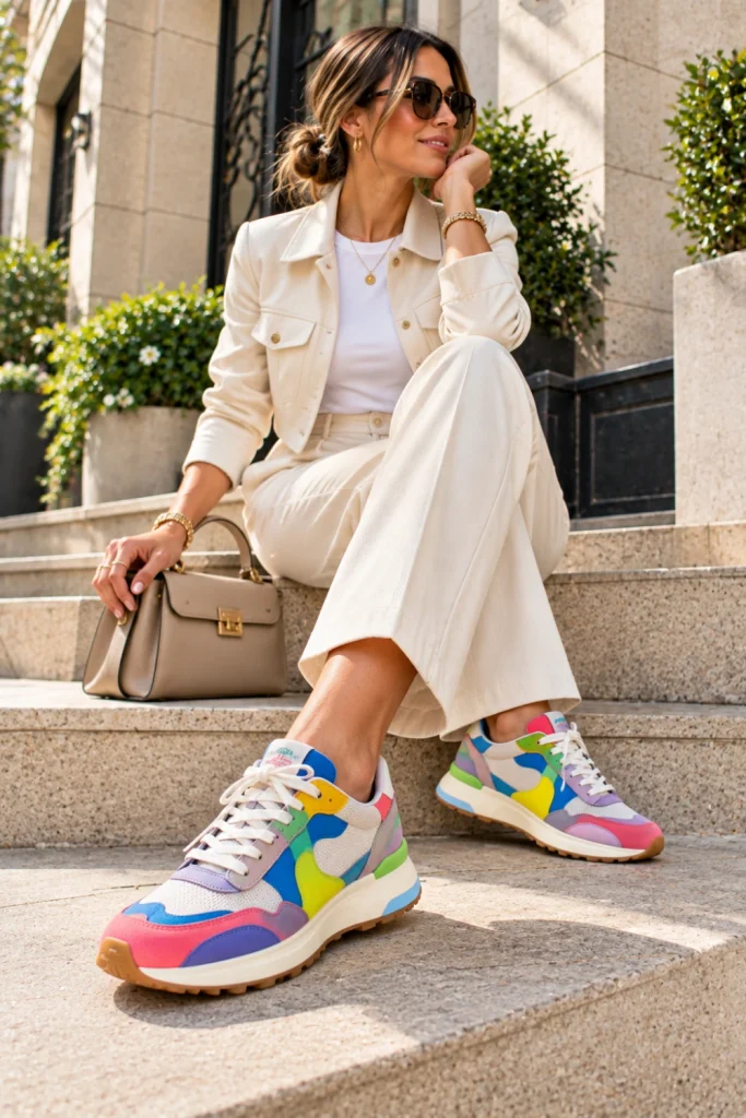Colorful statement sneakers become the focal point of a neutral sporty-chic outfit with cream trousers, a simple fitted top, a structured jacket, a modern hairstyle, and vibrant contemporary styling.