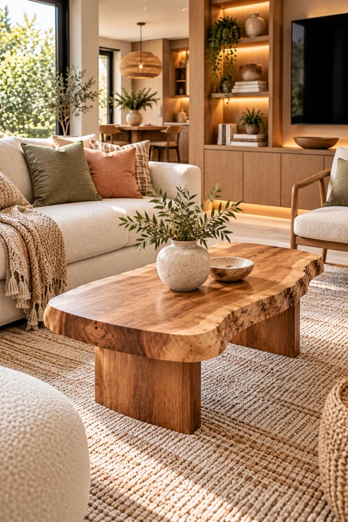 Compact live-edge coffee table for a small organic modern living room with streamlined sofa, woven rug, open leg space, woven basket, statement ceramic, and elegant contemporary decor