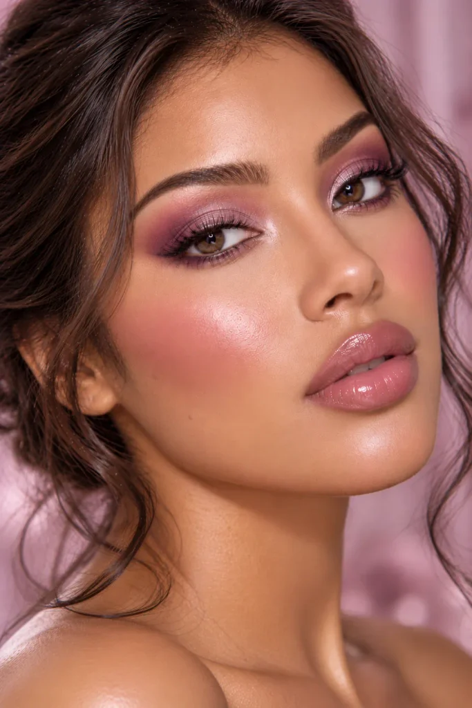 Cool-toned dusty mauve glam makeup with lavender-mauve and taupe eyeshadow, cool pink blush, subtle sculpted cheeks, and glossy pink-rose lips in a close-up portrait.