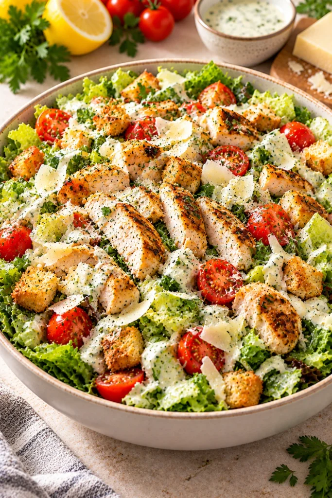 Cottage cheese chicken Caesar-style salad with grilled chicken, crisp romaine, Parmesan, tomatoes, crunchy croutons, and creamy cottage-cheese yogurt dressing.