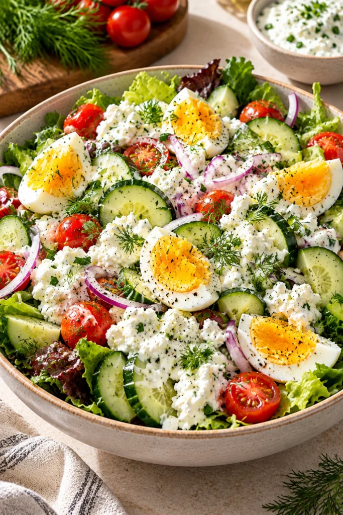 Cottage cheese egg and cucumber protein salad with boiled eggs, creamy cottage cheese, crisp greens, cucumber, cherry tomatoes, red onion, and fresh herbs.