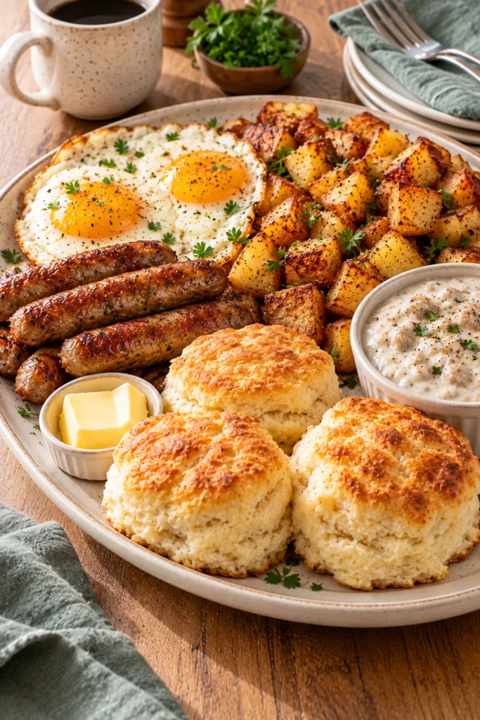 Country-style breakfast platter with golden buttermilk biscuits, browned breakfast sausage, fried eggs, crispy roasted potatoes, and creamy country gravy for a hearty homemade brunch.