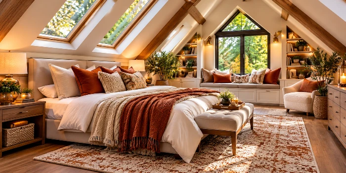 Cozy attic bedroom designs ideas for luxe comfort featuring a plush upholstered bed, layered neutral and terracotta bedding, exposed wood beams, skylights, warm lighting, and stylish built-in storage.