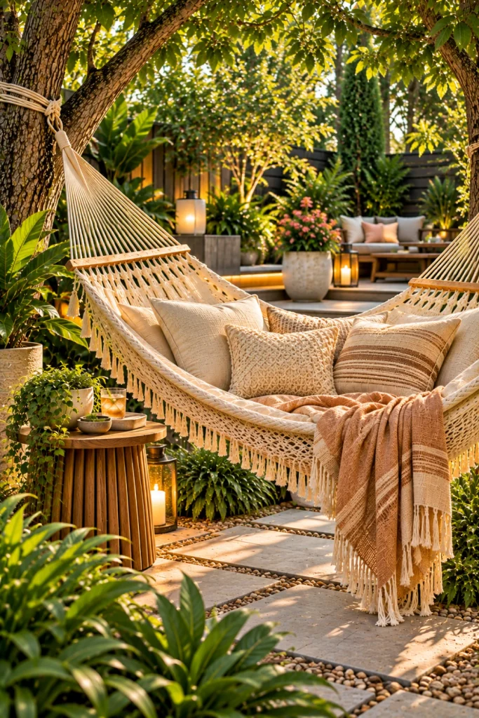 Cozy modern backyard hammock lounge with plush outdoor pillows, soft throw, compact side table, planters, subtle lighting, greenery, and elegant contemporary décor.