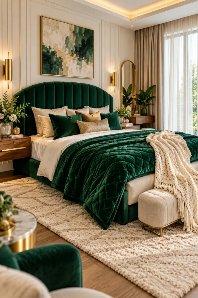 Cozy bedroom ideas with bold emerald green accents, luxurious velvet bedding, an upholstered headboard, warm brass lighting, cream curtains, and elegant modern bedroom furniture.