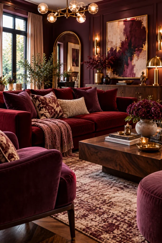 Luxurious burgundy and plum living room featuring a wine-red velvet sofa, plum accents, dark wood furniture, warm brass lighting, elegant curtains, and layered cozy textures.