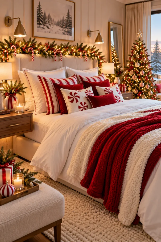 Cozy Christmas bedroom decor ideas for a festive retreat with candy cane pillows, layered white bedding, subtle warm-white fairy lights, an illuminated evergreen garland, modern bedside lamps, and a relaxing Christmas atmosphere.