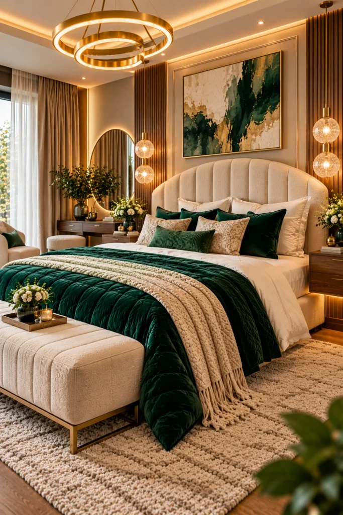Cozy luxury bedroom ideas with sculptural pendant lighting, elegant modern bedside sconces, an upholstered king-size bed, bold emerald accents, contemporary bedside cabinets, and refined decorative accessories.