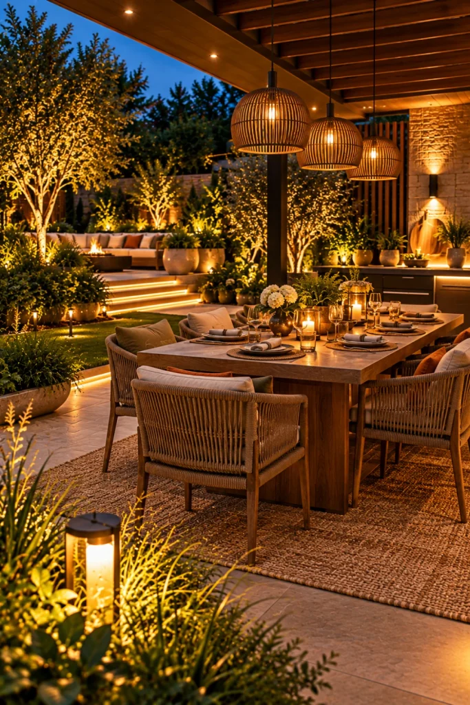 Cozy modern backyard outdoor dining area with warm pendant lighting, elegant contemporary furniture, greenery, natural stone, and magical garden illumination.