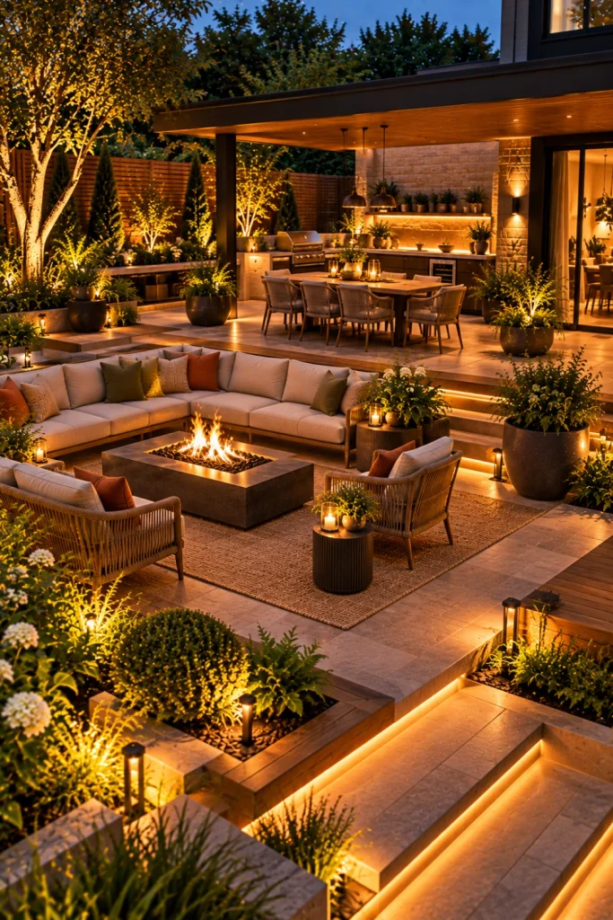 Elevated modern backyard entertaining area with luxury outdoor lounge seating, dining space, greenery, fire feature, task lighting, and warm garden accents.