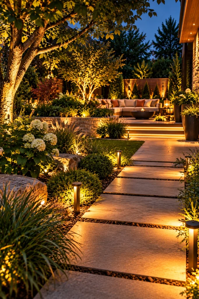 Modern backyard with glowing garden pathways, illuminated planting beds, ornamental grasses, shrubs, trees, contemporary paving, and layered warm landscape lighting.