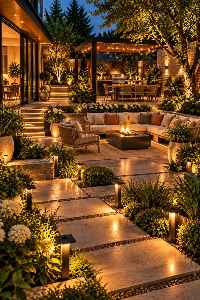 Magical modern backyard at night with layered pathway lighting, tree uplighting, illuminated steps, pergola lights, glowing walls, and cozy garden seating.