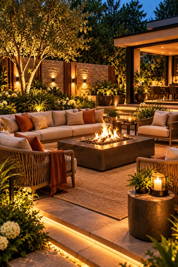 Sleek modern fire pit patio with warm ambient garden lighting, contemporary seating, stone surfaces, elegant landscaping, and cozy evening atmosphere.