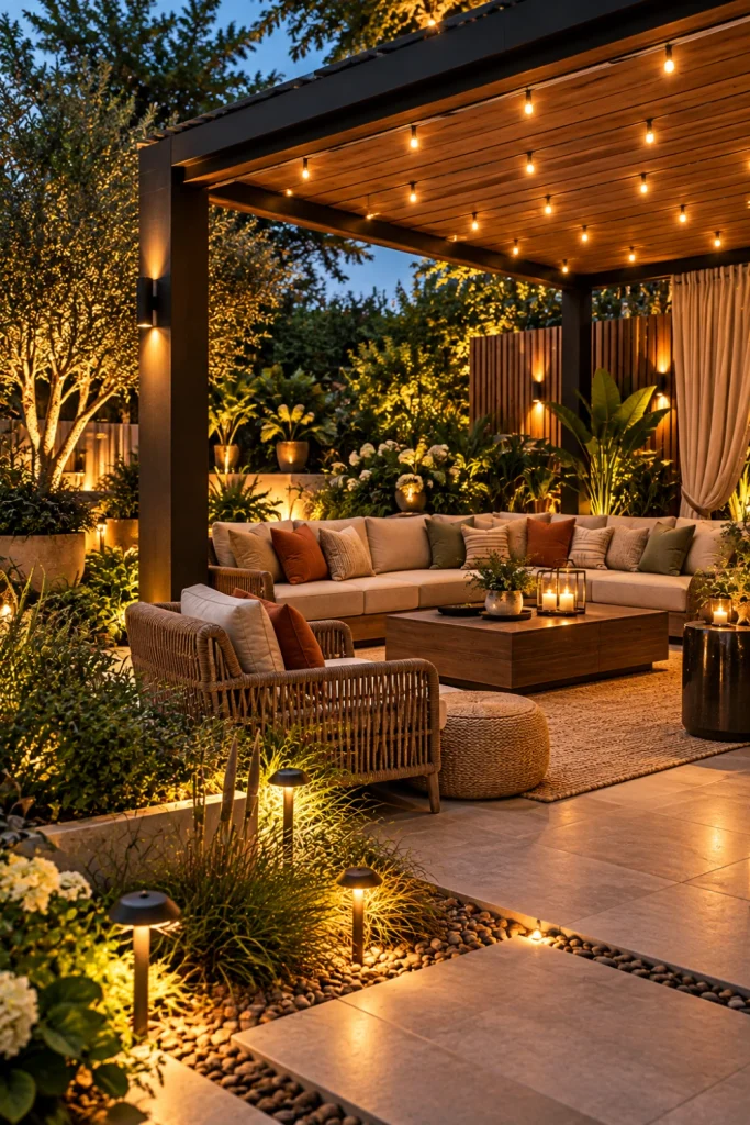 Elegant modern backyard pergola retreat with warm string lights, plush outdoor seating, greenery, contemporary planters, and cozy garden lighting.