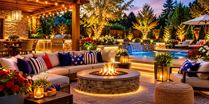 Cozy modern backyard with magical garden lighting, warm string lights, a stone fire pit, comfortable outdoor seating, lush plants, and a glowing pool.