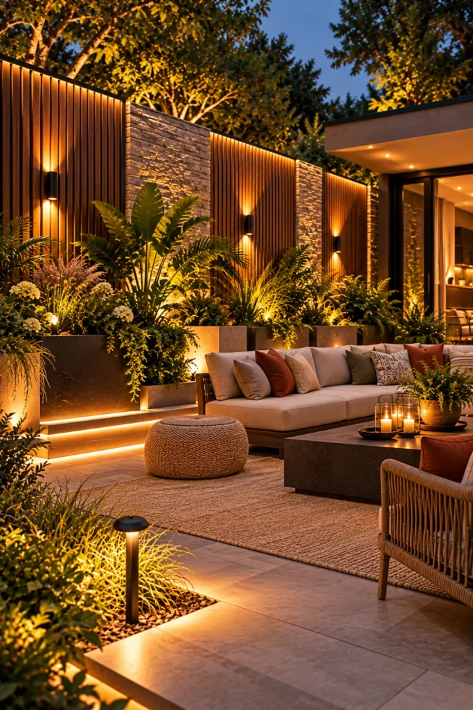Modern backyard privacy wall with warm contemporary sconces, concealed accent lighting, stylish planters, luxury outdoor seating, and layered garden illumination.
