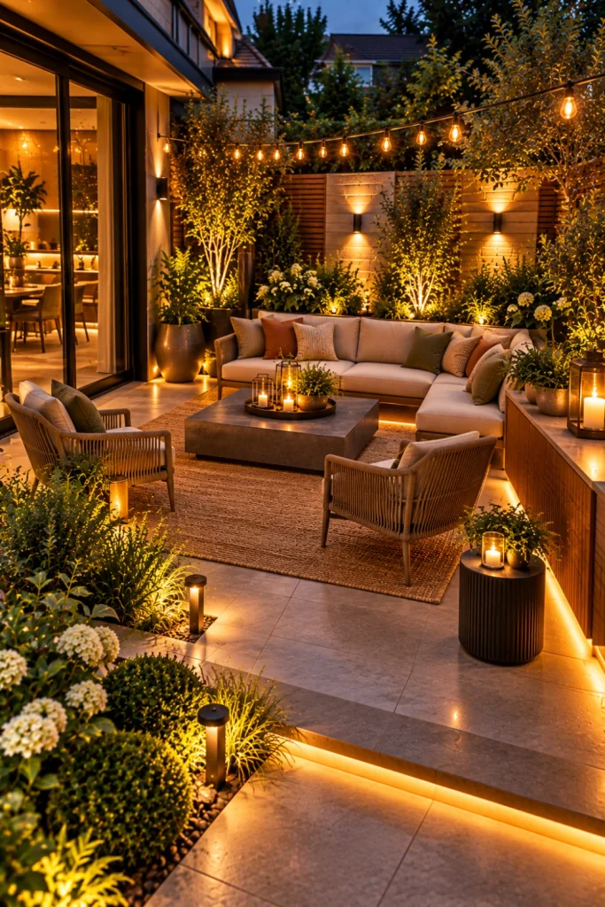 Small modern backyard with smart layered lighting, compact lounge seating, glowing planters, wall lights, greenery, and elegant space-saving outdoor design.