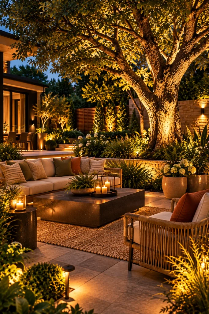 Magical modern backyard garden with elegant tree uplighting, warm landscape accents, contemporary seating, lush greenery, and sophisticated evening lighting.