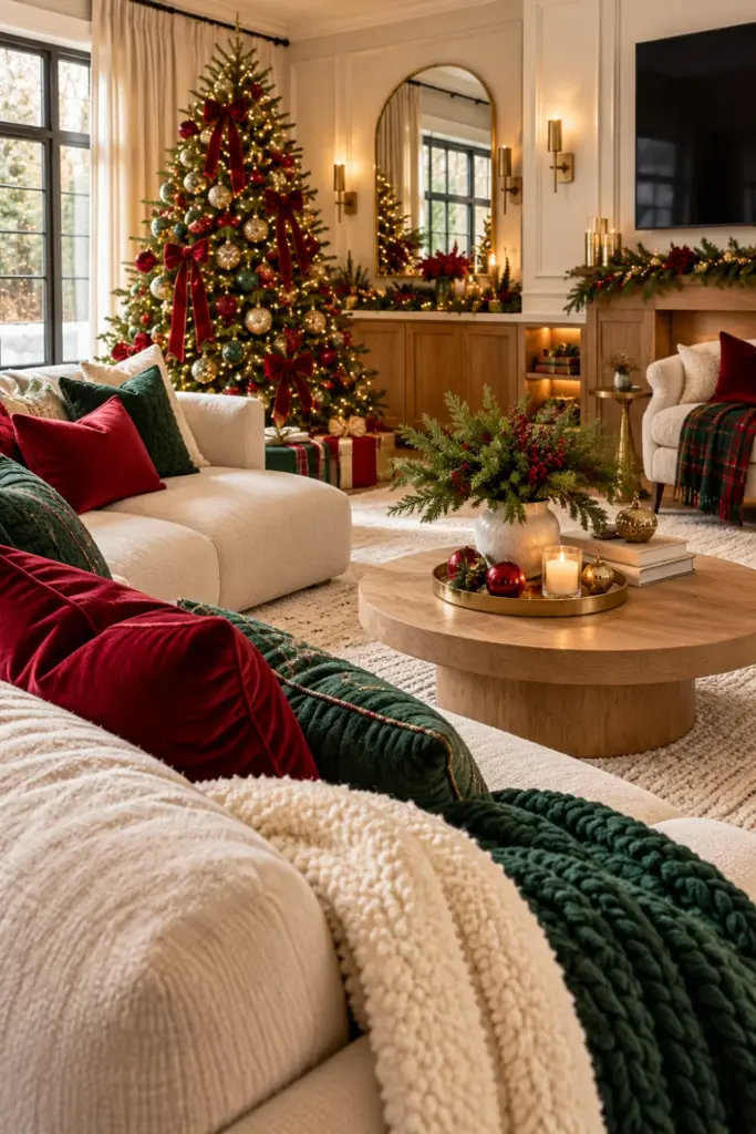 Cozy red, gold, and green Christmas living room with a cream modern sofa, red velvet cushions, forest-green knitted throws, a plush ivory rug, warm fairy lights, and elegant gold holiday decorations.