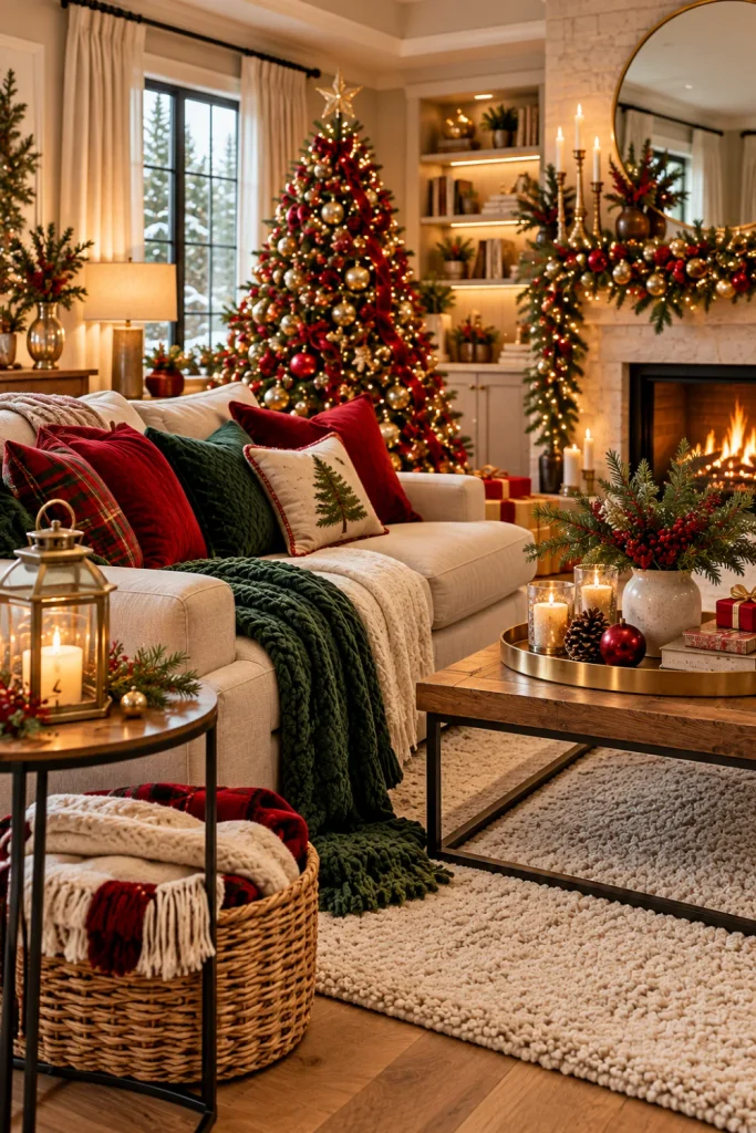 Warm and cozy Christmas living room featuring red plaid pillows, a forest-green knitted blanket, a gold lantern, evergreen garlands, and soft festive lights.