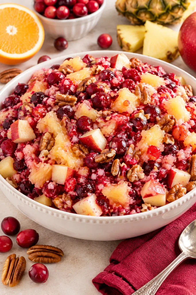 Cranberry pineapple fruit salad with chopped ruby-red cranberries, crushed pineapple, diced apple, orange juice, and chopped pecans in a white bowl, ideal for vintage holiday potluck recipes and party side dishes.