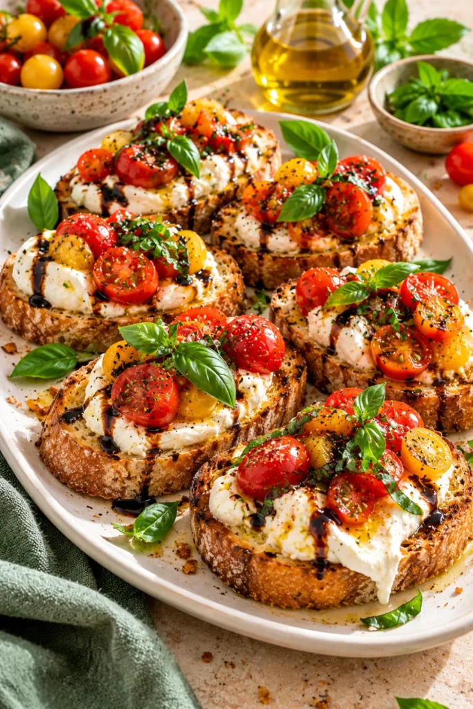 Creamy burrata and roasted-looking fresh cherry tomatoes on toasted sourdough with basil, olive oil, and balsamic glaze for elegant Italian bruschetta appetizers.