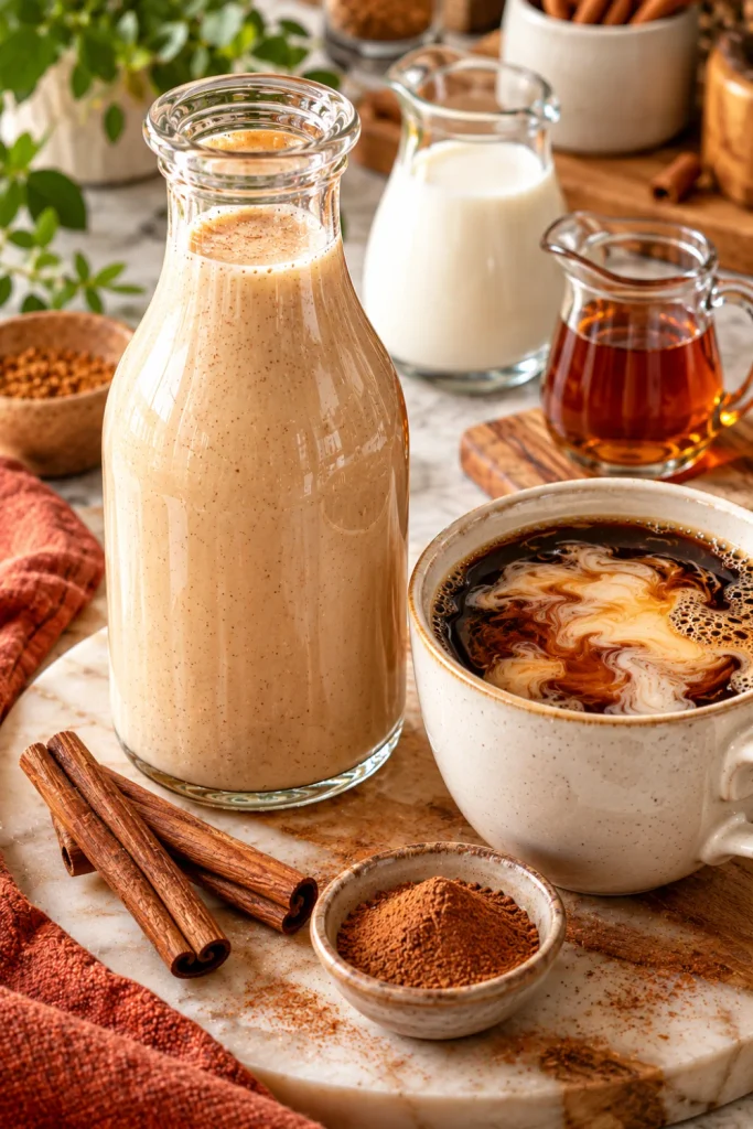 Creamy cinnamon homemade coffee creamer beside hot coffee, cinnamon sticks, ground cinnamon, and maple syrup in a modern Pinterest-style coffee setup.