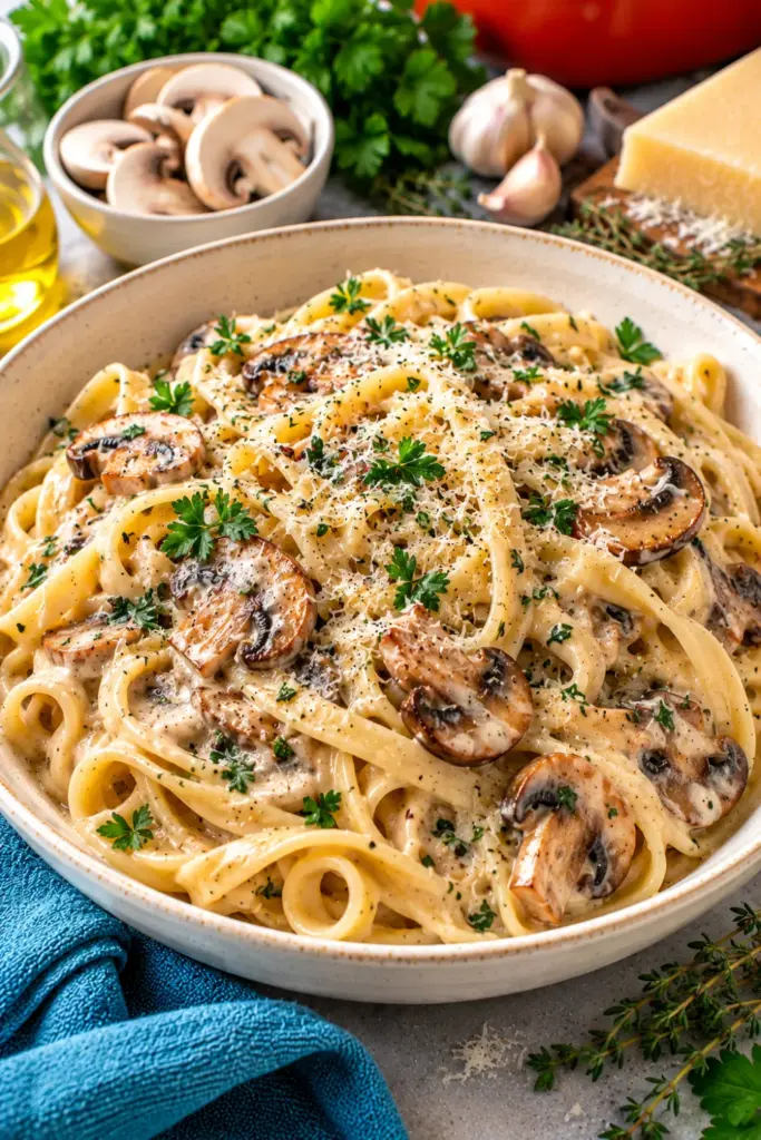 Creamy garlic mushroom sauce over fettuccine with golden sautéed mushrooms, Parmesan cheese, garlic, thyme, and parsley, an easy creamy mushroom pasta recipe for a comforting homemade dinner.