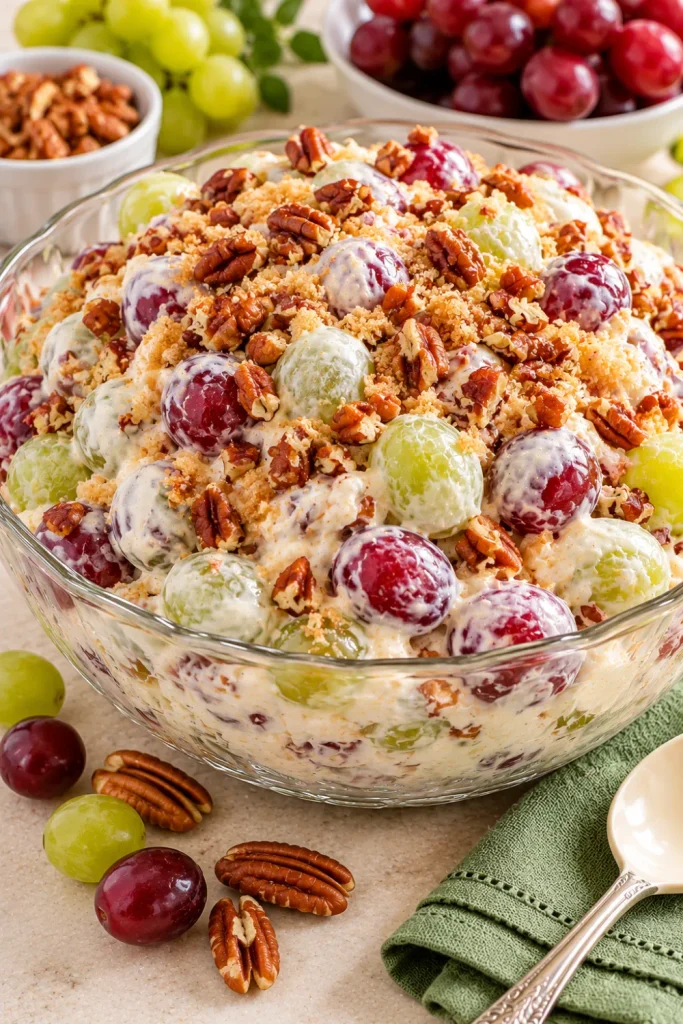 Creamy grape salad with red and green seedless grapes, cream cheese and sour cream dressing, chopped pecans, and brown sugar topping in a clear bowl for vintage fruit salad recipes and potluck parties.