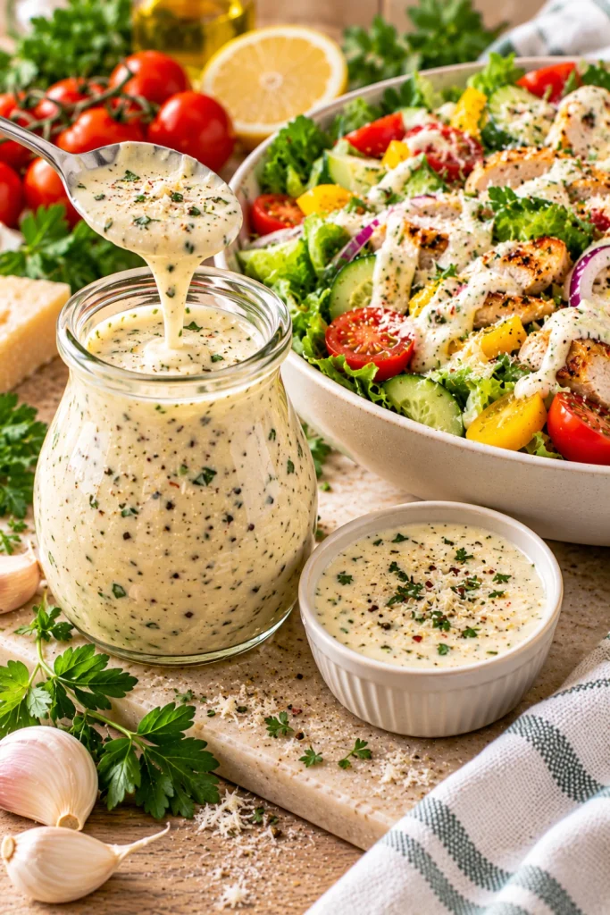 Creamy Italian Herb Dressing with Parmesan, lemon, garlic, and Italian herbs served beside a colorful chopped salad with crisp greens, tomatoes, cucumber, peppers, and fresh herbs.
