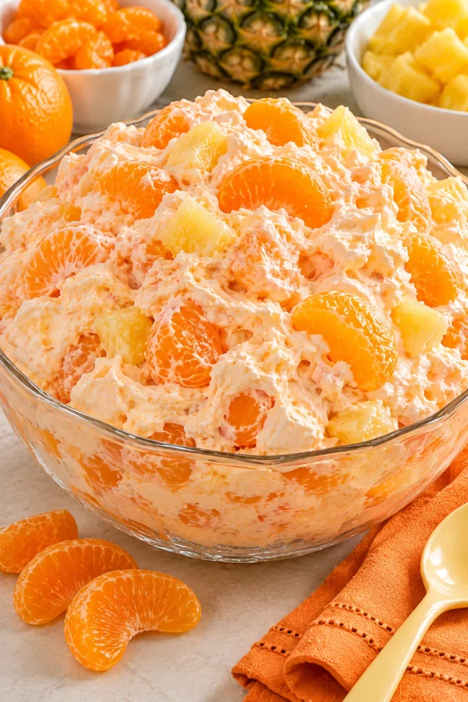 Creamy orange fluff salad with mandarin orange segments, crushed pineapple, orange gelatin, and whipped topping in a clear glass bowl, perfect for vintage fruit salad recipes for potlucks and parties.