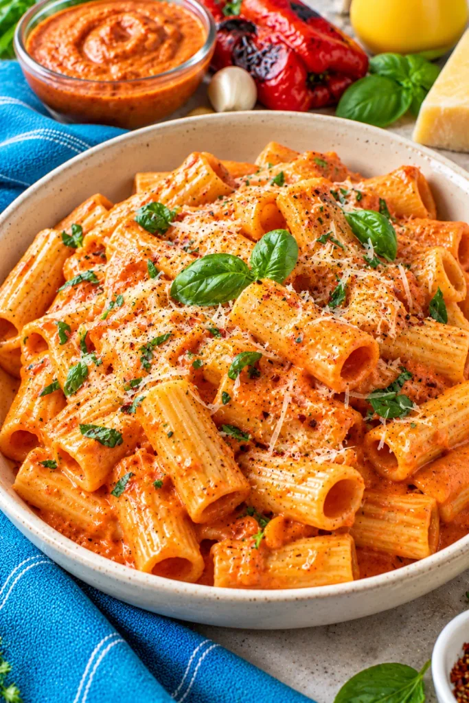 Creamy roasted red pepper sauce with rigatoni pasta, roasted red peppers, garlic, Parmesan cheese, and fresh basil, an easy homemade roasted pepper pasta sauce recipe for a colorful dinner.