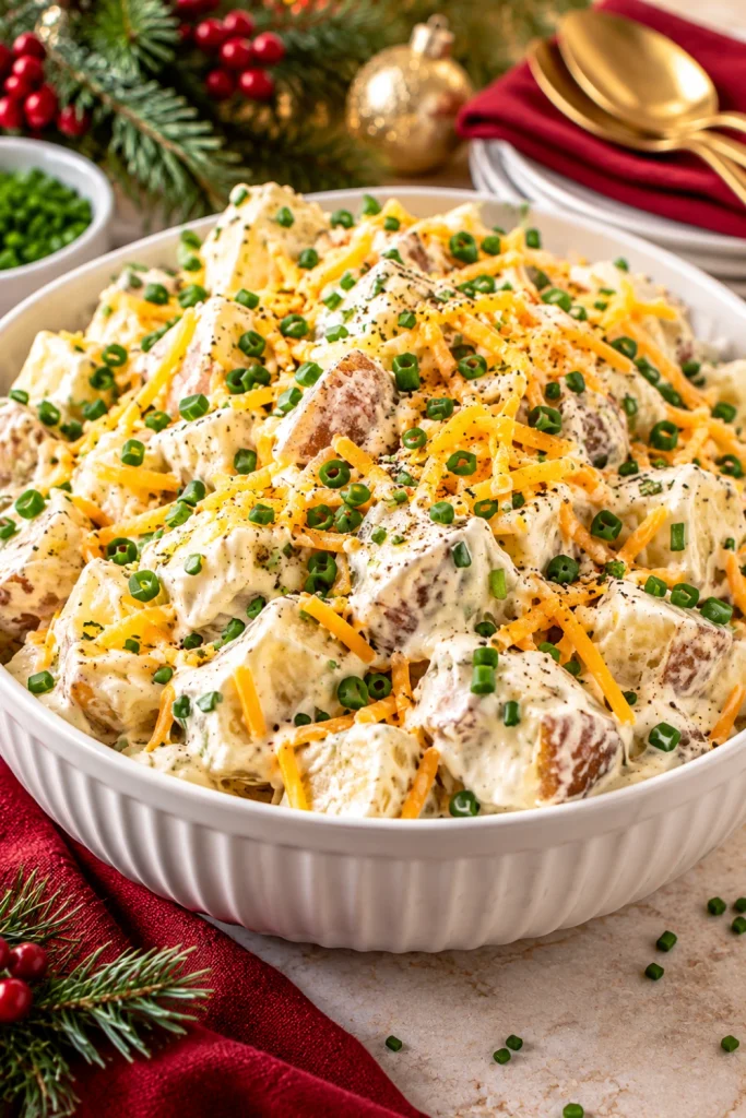 Creamy sour cream and chive potato salad with tender potatoes, shredded cheddar, fresh green chives, and tangy dressing for Christmas dinner or family gatherings.