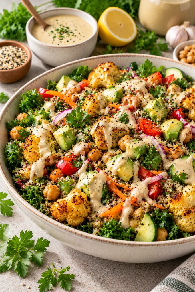 Hearty kale and grain salad with roasted cauliflower, chickpeas, quinoa, cucumber, red peppers, carrots, avocado, parsley, sesame seeds, and creamy tahini lemon vinaigrette.