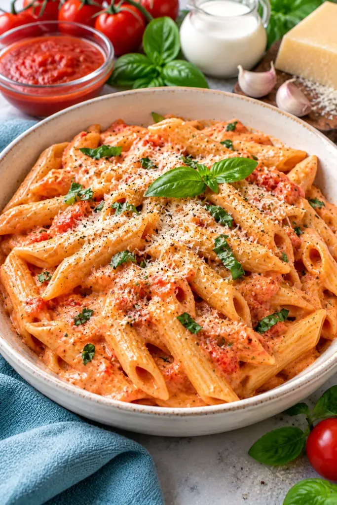 Creamy tomato cream sauce coating penne pasta with Parmesan, garlic, Italian herbs, and fresh basil, an easy pink tomato pasta sauce recipe for a comforting homemade dinner.