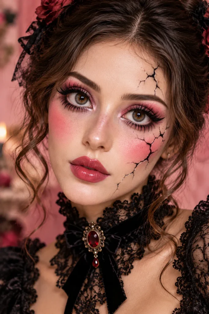 Creepy porcelain doll Halloween makeup featuring enlarged-looking eyes, exaggerated lashes, circular rosy cheeks, delicate black crack lines, and defined pink lips.