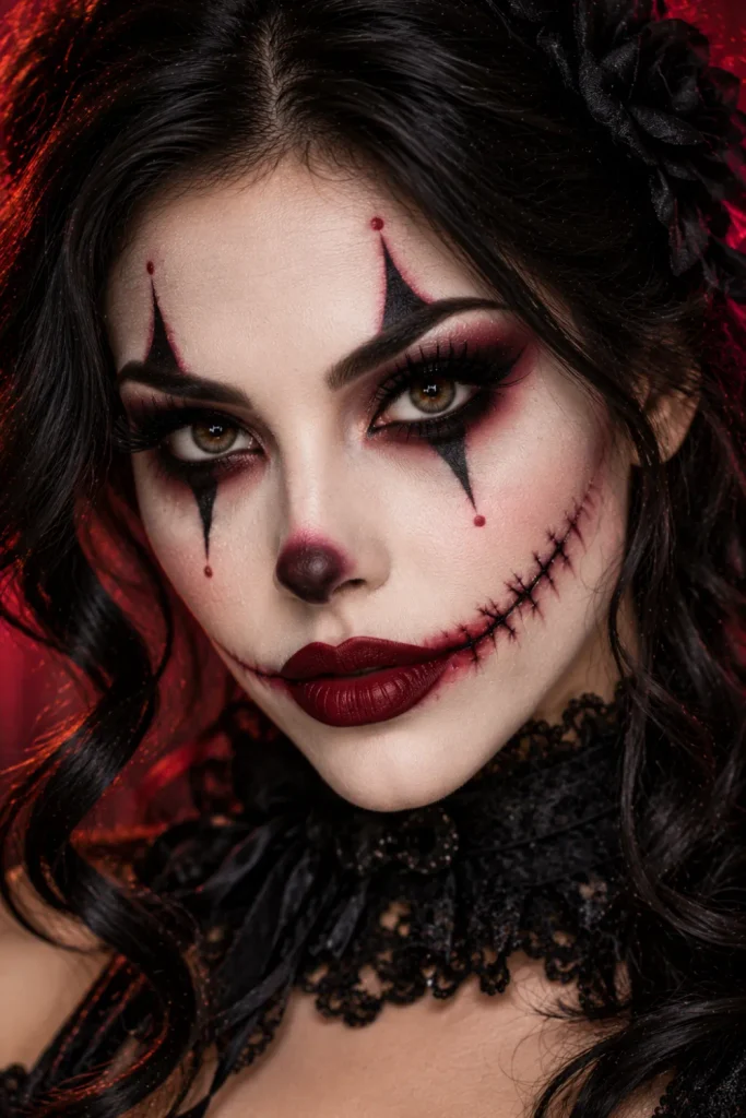 Creepy stitched clown Halloween makeup featuring a pale face, exaggerated black smoky eyes, burgundy painted smile, fine faux stitches, dramatic brows, and colorful gothic horror styling.
