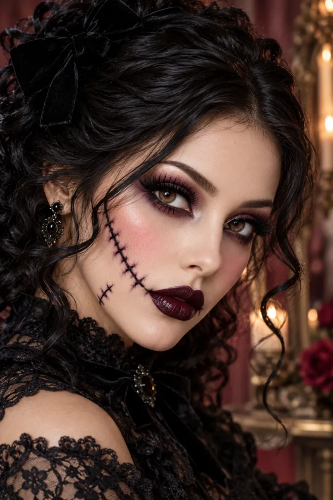 Creepy stitched gothic doll Halloween makeup with porcelain-pale skin, oversized smoky eyes, rosy pink cheeks, glossy black lips, delicate cheek stitches, and dramatic black lace styling.