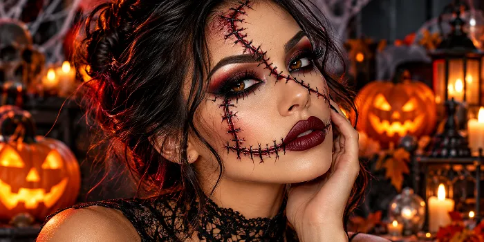 Creepy stitched Halloween makeup with realistic black stitch scars, dramatic burgundy smoky eyes, deep red lips, and gothic Halloween pumpkins glowing in the background.