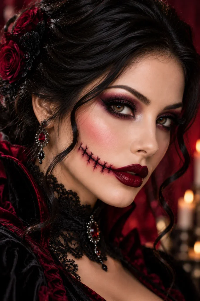 Creepy stitched vampire Halloween makeup with pale skin, dramatic black smoky eyes, deep crimson lipstick, precise faux stitches beside the mouth, and elegant gothic vampire styling.
