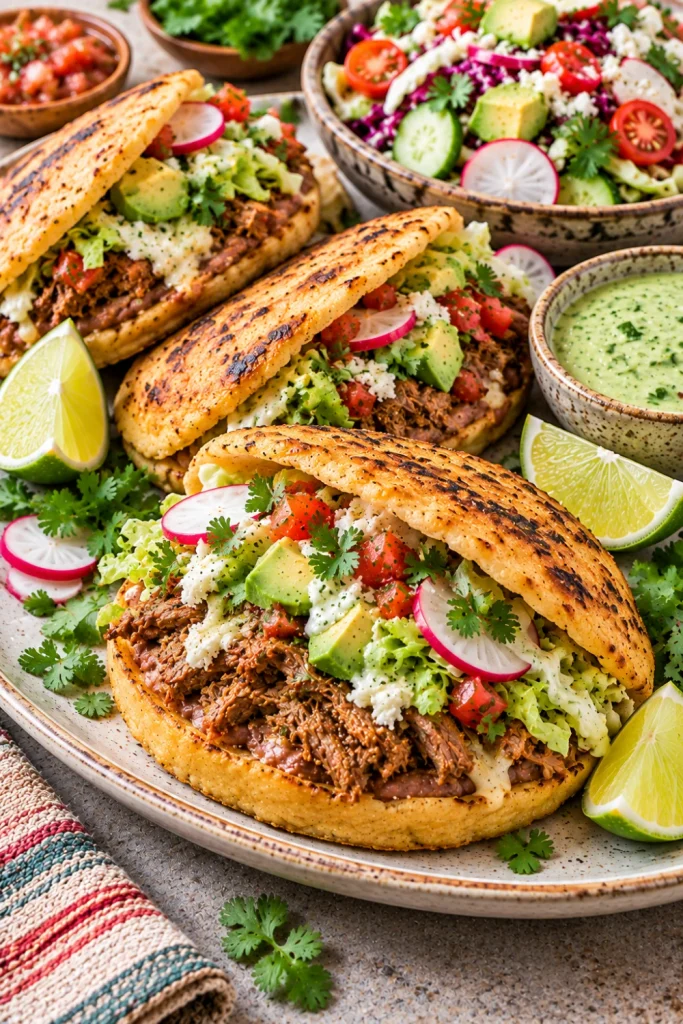 Crispy Mexican gorditas stuffed with seasoned meat, beans, and cheese with lettuce, avocado and salsa in a colorful, modern Pinterest food setup.