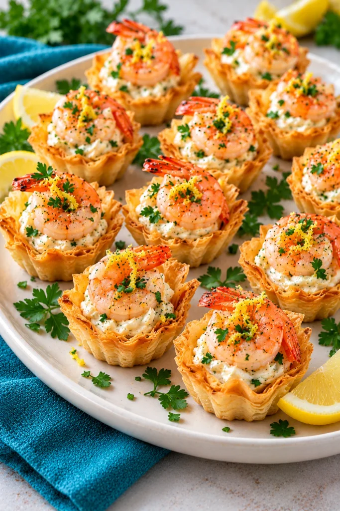 Crispy golden phyllo shrimp tartlets filled with garlic lemon cream cheese and topped with succulent shrimp, fresh parsley, and lemon zest for cocktail parties.