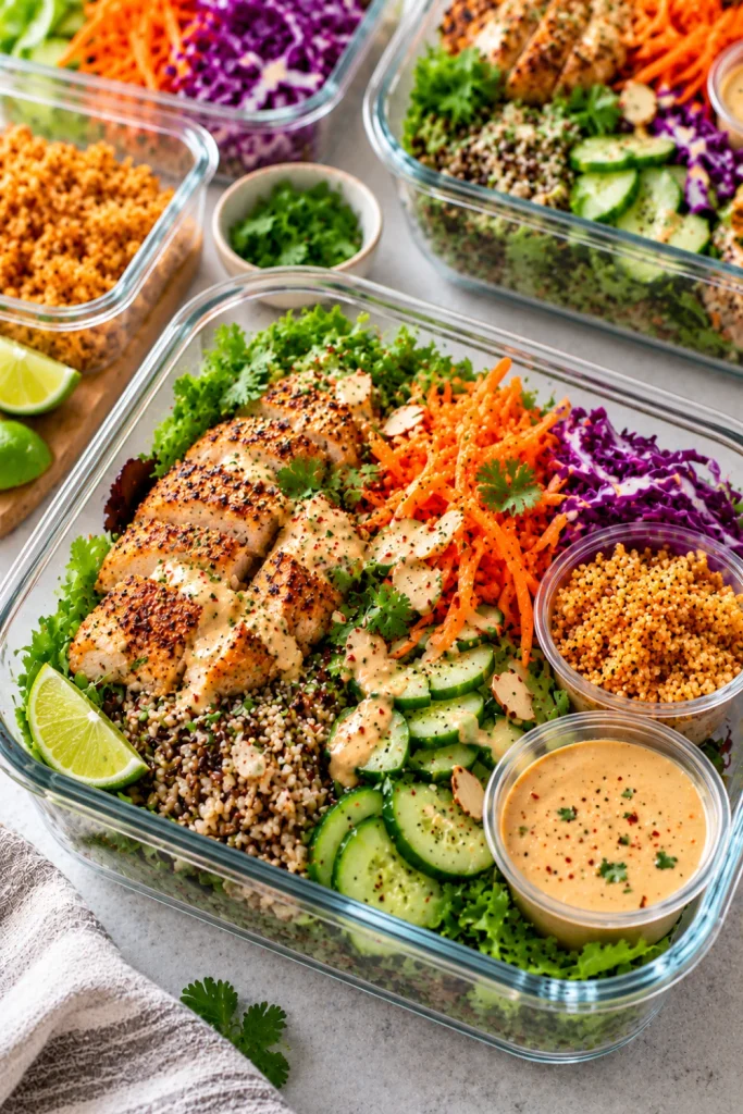 Modern crispy rice meal prep salad with fresh greens, cucumber, cabbage, carrots, cooked rice, chicken, golden crispy rice, and creamy cashew dressing arranged in organized meal-prep containers.
