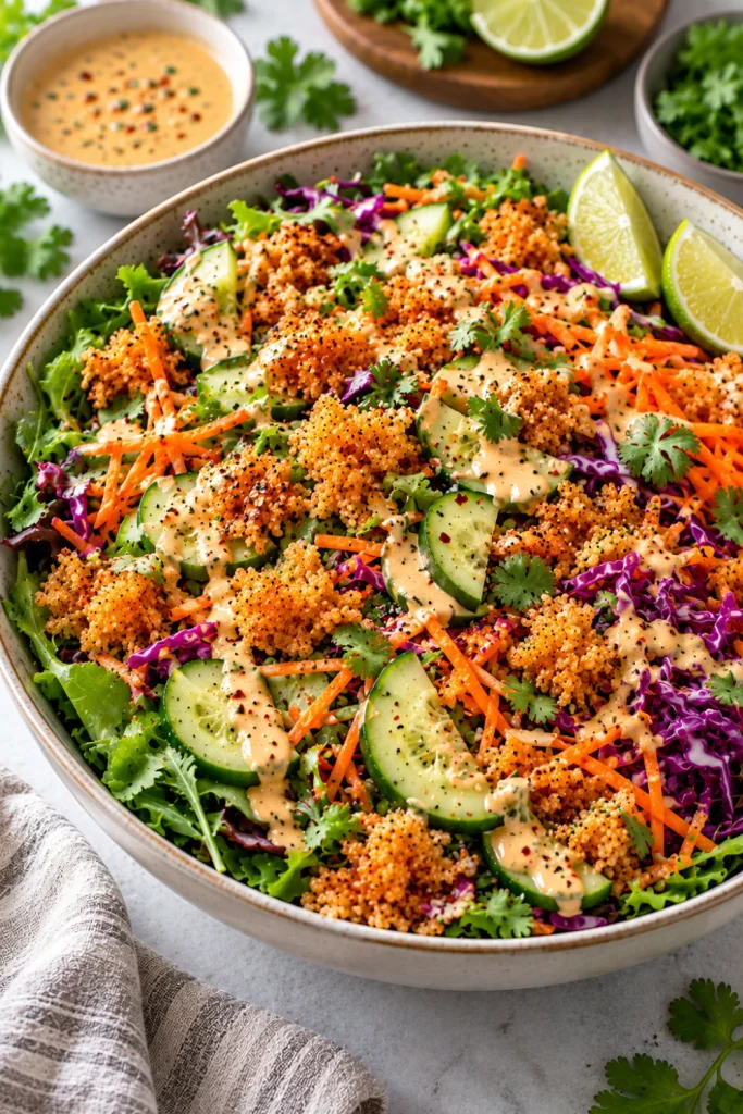 Ultra-realistic close-up of a vibrant crispy rice salad with cucumber, shredded cabbage, carrot ribbons, leafy greens, cilantro, golden crunchy rice, lime, and creamy cashew dressing in a modern bowl.