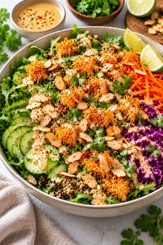 Colorful crunchy almond and herb crispy rice salad with toasted almonds, cilantro, arugula, cucumber, cabbage, carrots, golden crispy rice, lime, and creamy dressing.