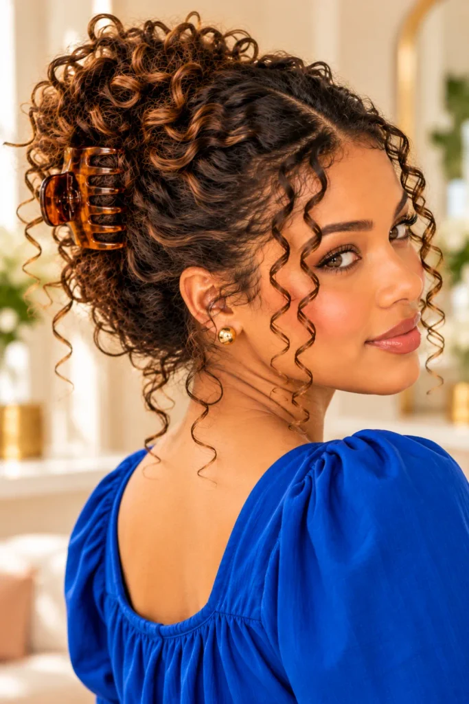 Easy curly claw-clip updo featuring voluminous natural curls secured with a tortoiseshell clip and loose face-framing ringlets for everyday wear.